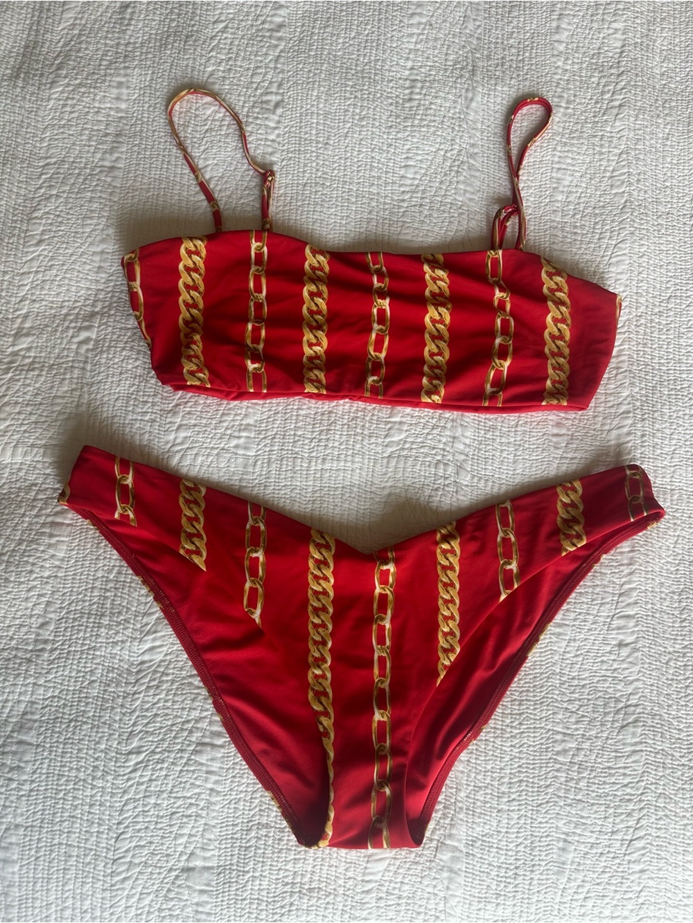 Mumu Red Chain-Print Bandeau Bikini Set
